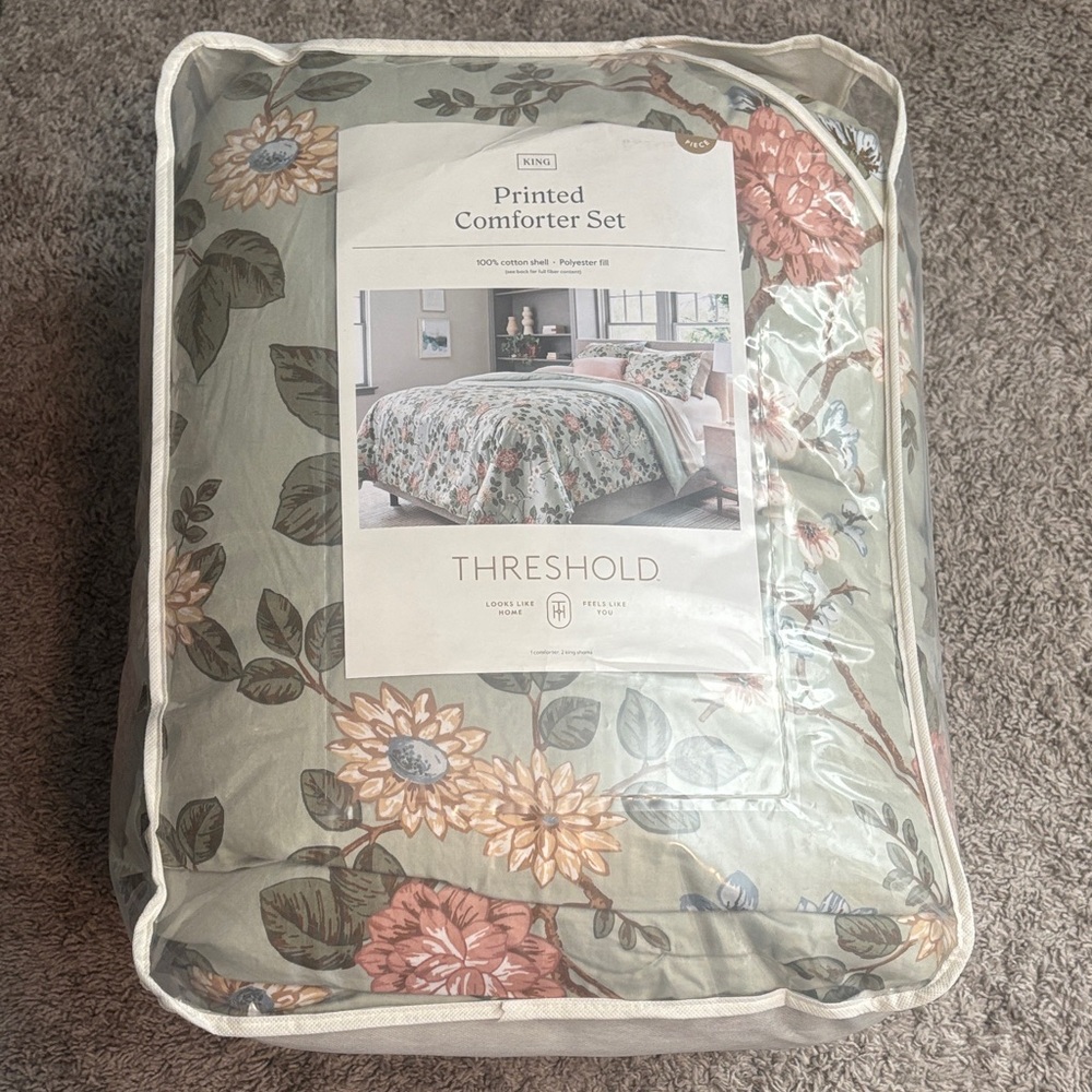 Threshold Floral Printed Comforter Set in Sage Green and Pink Coral